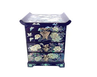 Mother of Pearl Jewelry Box: Wooden Storage, Wood, Peony Design, Cobalt Blue