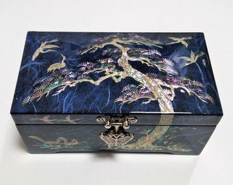 Mother of Pearl Jewelry box: Pine tree & Crane, Wooden Storage, Blue