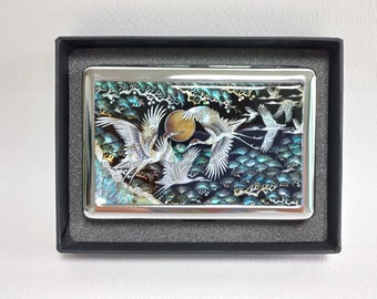 Cigarette case, Mother of pearl Cigarette box, Cigarette holder, With Gift box, For smokers, Tree cranes and moon pattern