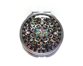 Mother of Pearl Compact Mirror: Arabesque Design Stainless Steel Black