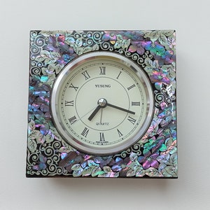 Mother of Pearl Table clock Desk clock Square desk clock Wood clock Home decoration Flowers & butterflies Purple and White color