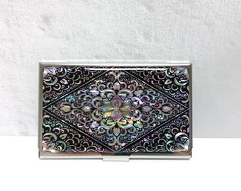 Mother of Pearl Business Card Case: Arabesque Design Stainless Steel Black