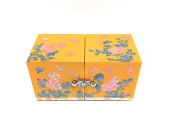 Mother of Pearl Jewelry Box: Peonies & Butterflies, 4 Drawer Storage, Wood, Yellow