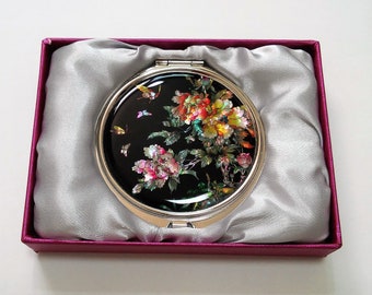 Mother of pearl Cosmetic mirror, Compact mirror, Makeup mirror, Pocket mirror, Gift for her, Black color