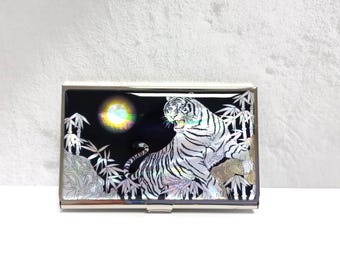 Mother of Pearl Business Card Case: White Tiger And Bamboo, Stainless Steel Black