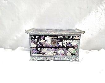 Mother of Pearl Jewelry Box Organizer, Handmade Wooden Storage Box, Peony, Black