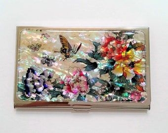 Mother of Pearl Business Card Case, Business Card Holder, ID Card Case, Name Card Case, Peonies & Butterflies