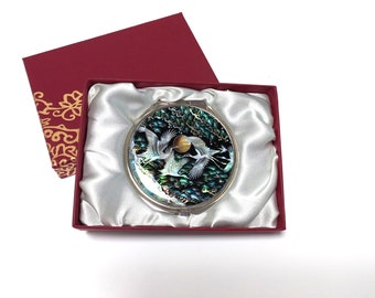 Mother of pearl mirror, Cosmetic mirror, Compact mirror, Makeup mirror, Cranes patterned, Gift for her mom, Green color