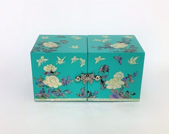 Mother of Pearl Jewelry box, Four drawers box, Jewelry storage, Peonies and butterflies, Mint Color