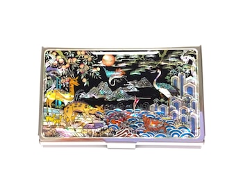 Mother of Pearl Business Card Holder: Ten Traditional Symbols Of Longevity Pattern