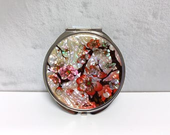 Mother of Pearl Compact Mirror: Cherry Blossom Flower Design
