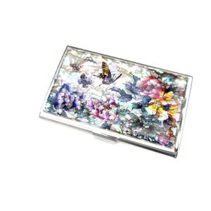 Porta-cartões de visita em madrepérola: peônia e borboleta em aço inoxidável