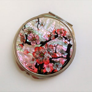 Mother of pearl mirror, Cosmetic mirror, Compact mirror, Makeup mirror, Cherry blossoms patterned, Gift for her image 2