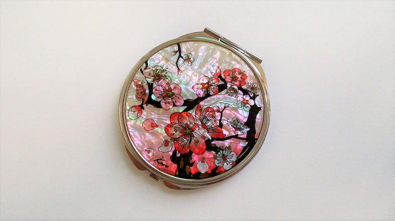 Mother of pearl mirror, Cosmetic mirror, Compact mirror, Makeup mirror, Cherry blossoms patterned, Gift for her image 2