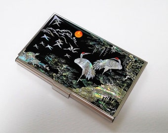 Mother of Pearl Business Card Case, Business Card Holder, Metal Card Case, Cranes and Pine tree Patterned