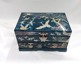 Mother of Pearl Jewelry Box Storage: 2 Drawers Box Cranes & Pine Tree Wood Blue
