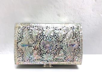 Mother of Pearl Jewelry Box: Crane Pattern Wood Storage
