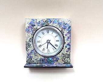 Mother of Pearl Desk Clock: Flowers Design Wooden Table Clock White Purple