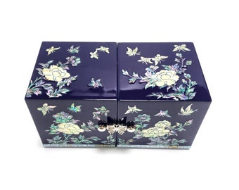 Mother of Pearl Jewelry box, Four drawers box, Jewelry storage, Peonies and butterflies, Indigo blue color, Gift for her