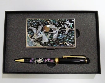 With Gift Wrapping Mother of pearl Ballpoint pen Handcrafted pen with Mother of pearl Business card case set Office gift Crane patterned