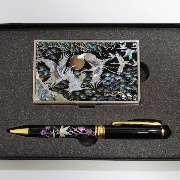 fancy writing paper printable With Gift Wrapping Mother of pearl Ballpoint pen Handcrafted pen with Mother of pearl Business card case set Office gift Crane patterned