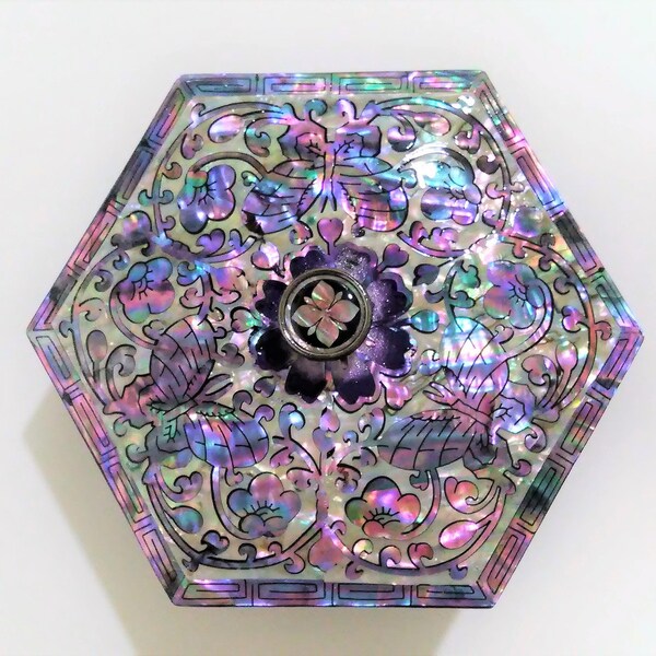 Petite boîte à bijoux en nacre, boîte incrustée, boîte à bonbons, pour bagues, boucles d'oreilles, octogone, motif papillons couleur gris et violet