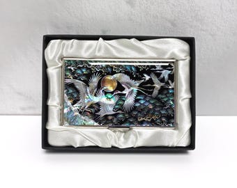 Mother of Pearl Business Card Case: Moon & Crane, Stainless Steel, Green