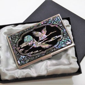 Mother of Pearl Business Card Case, Business Card Holder, Cranes & Clouds Patterned, Black and Jade color