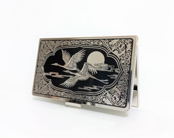 Business Card Holder, Business Card Case, Name Card Case, Cranes & clouds, Black and Silver Color, Perfect as a Gift