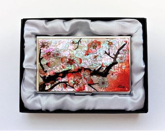 Mother of Pearl Business Card Case: Cherry Blossom Stainless Steel