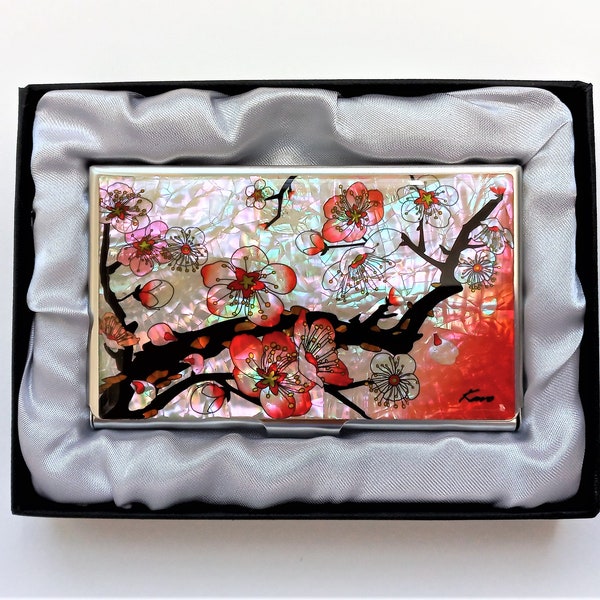 Mother of Pearl Business Card Case, Business Card Holder, Shell Card Case, Cherry blossoms Patterned