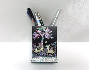 Mother of Pearl Pencil Holder: Korean Handcrafted Desk Organizer, Deer, Wood, Black