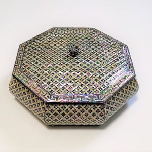 Scatola portagioie in madreperla di grandi dimensioni, organizer, scatola multipla, scatola intarsiata, per anelli, orecchini, ottagono, motivo geometrico