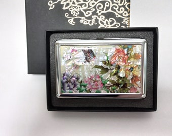 Cigarette case, Mother of pearl Cigarette box, Cigarette holder, With Gift box, For smokers, Peonies and butterflies patterned