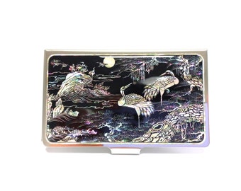 Mother of Pearl Business Card Holder, Business Card Case, Cranes And Pine tree Pattern Black Silver Color