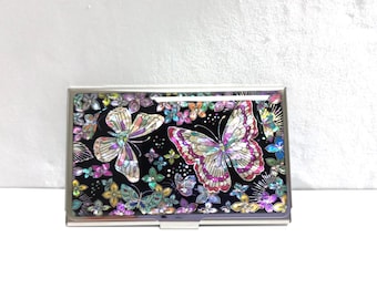 Mother of Pearl Business Card Case: Stainless Steel Butterfly Black