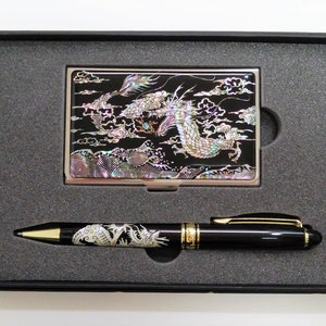 Avec emballage cadeau Stylo à bille en nacre Stylo artisanal avec nacre Ensemble d'étuis pour cartes de visite Cadeau de bureau Motif dragon