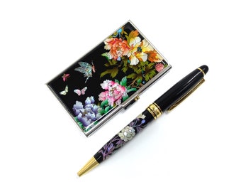 Mother of pearl Ballpoint pen with Business card holder set Office gift Peonies patterned With gift wrapping