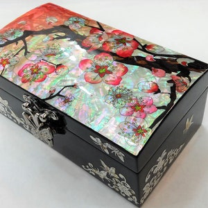 Mother of pearl Jewelry box, Jewelry storage, Shell box, Cherry blossoms & butterflies, Orange color