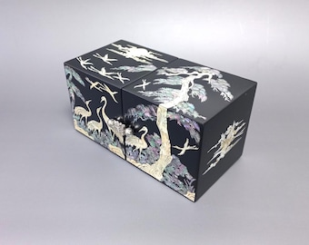 Large Mother of Pearl Jewelry Box: Crane & Pine Tree, 4 Drawer, Matte Finish