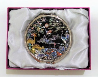 Mother of pearl, Cosmetic mirror, Compact mirror, Makeup mirror, Pocket mirror, The ten traditional Symbols of Longevity patterned Black