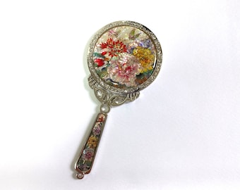 Mother of Pearl Hand Mirror: Peony Butterfly Design
