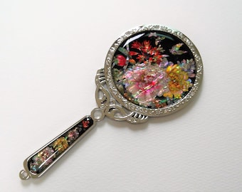 Mother of Pearl Hand Mirror: Peony Butterfly Design, Black