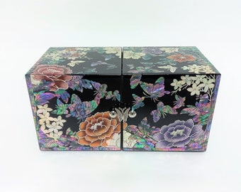 Mother of Pearl Jewelry box, Four drawers box, Jewelry storage, Flowers & butterflies, Black color