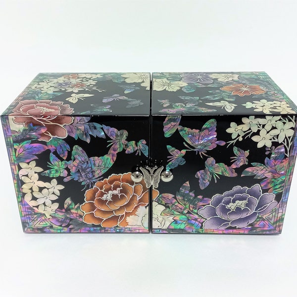 Mother of Pearl Jewelry box, Four drawers box, Jewelry storage, Flowers & butterflies, Black color