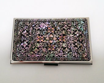 Business card case Mother of pearl Name card case Business card holder Arabesque Patterned Black