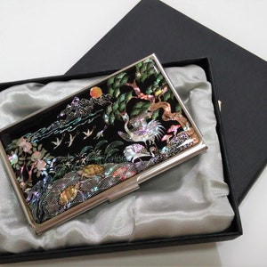 Mother of Pearl, Business card case, Business card holder, ID card case, Pine tree and Cranes patterned, Black color