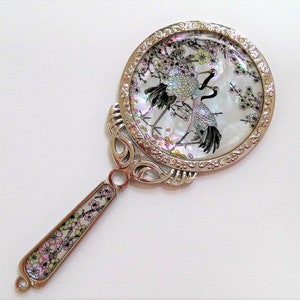Mother of Pearl Hand Mirror: Cranes & Cherry Blossoms Design, White