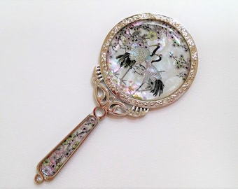 Mother of Pearl Hand Mirror: Cranes & Cherry Blossoms Design, White