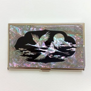 Porte-cartes de visite en nacre, porte-cartes de visite, motif grues et nuages, noir et argent